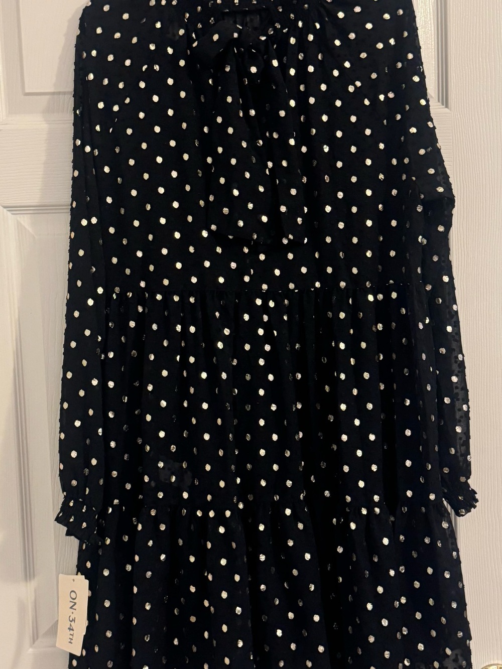 Women's Black Polka Dot A-Line Dress with Tie Neck